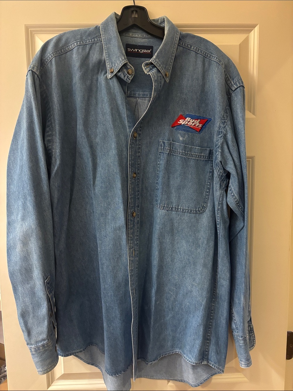 Wrangler Light Blue Denim Button-Up Shirt with Embroidered Patch
